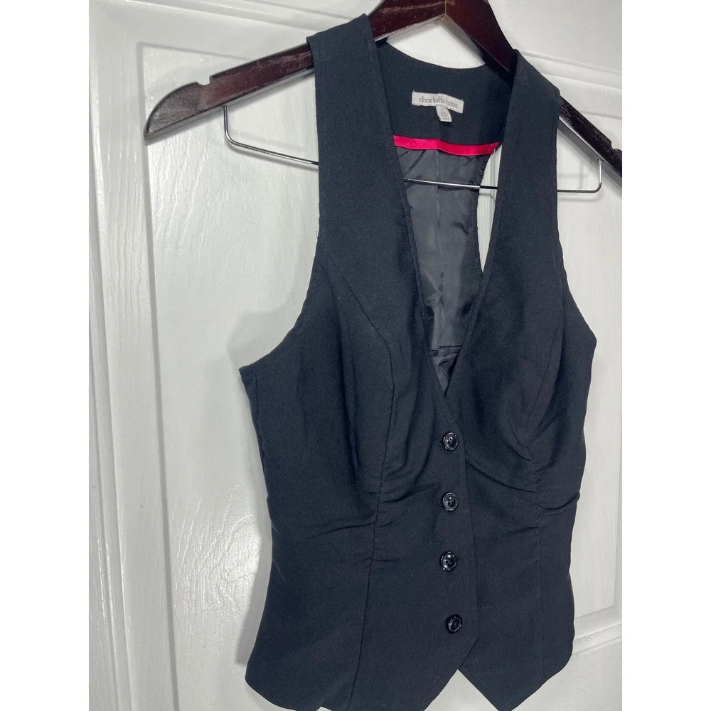 Charlotte Russe Vest Racerback Waistcoat XS Black Button Front Pointed Hem